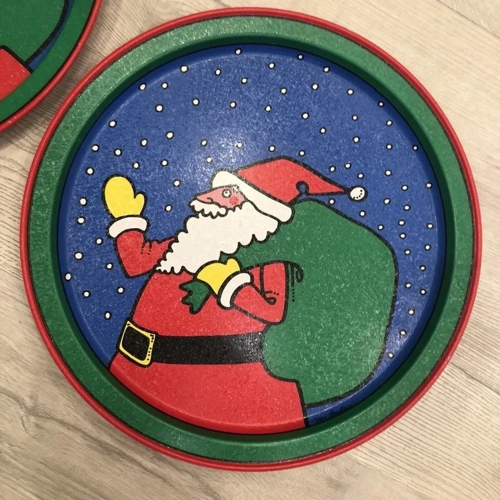 Vintage Ken Saunders Potpourri Press 1989 Retro Santa Tin Trays TWO Signed.